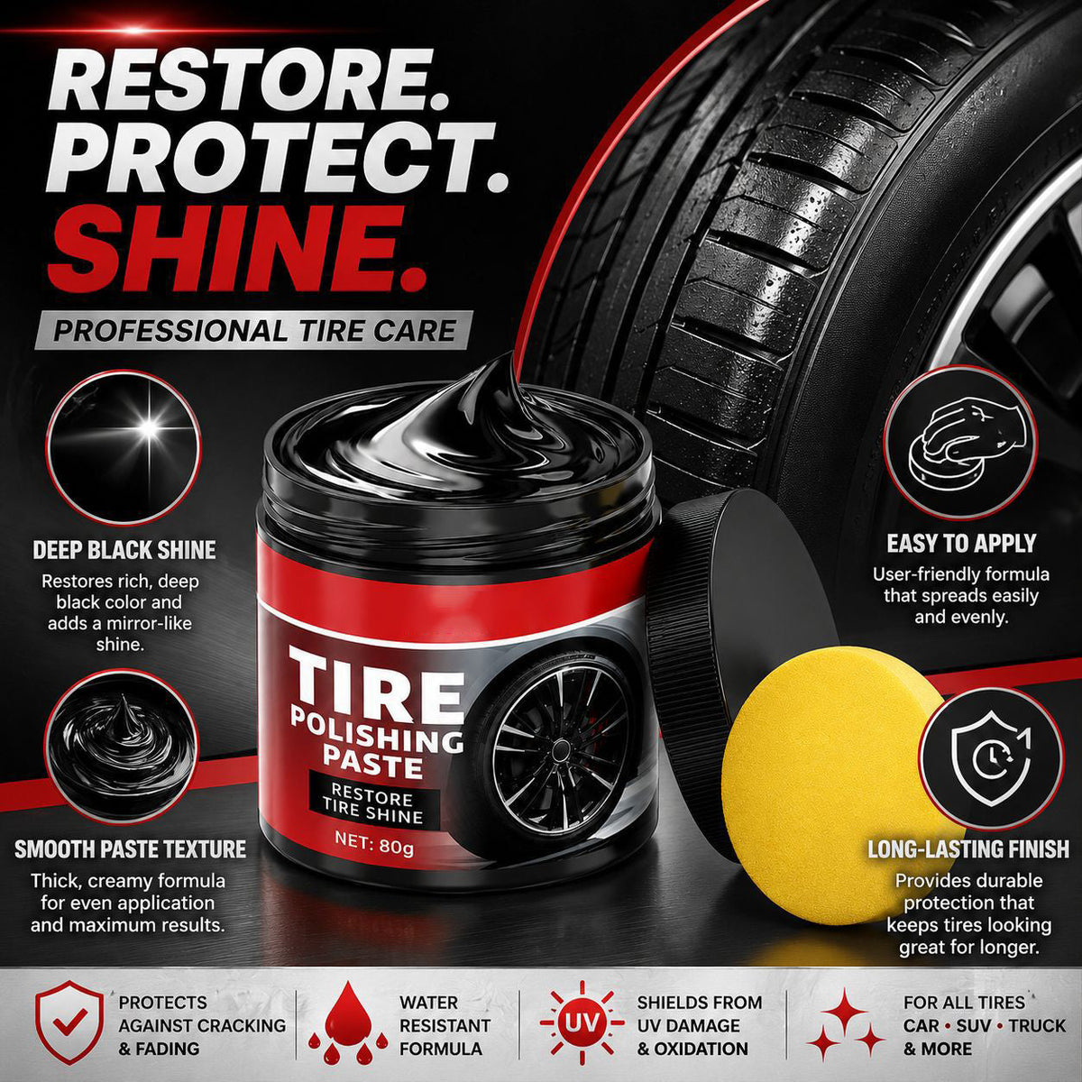 🚗 Tire Shine Balm with Applicator Sponge – Deep Black Finish & Tire Care