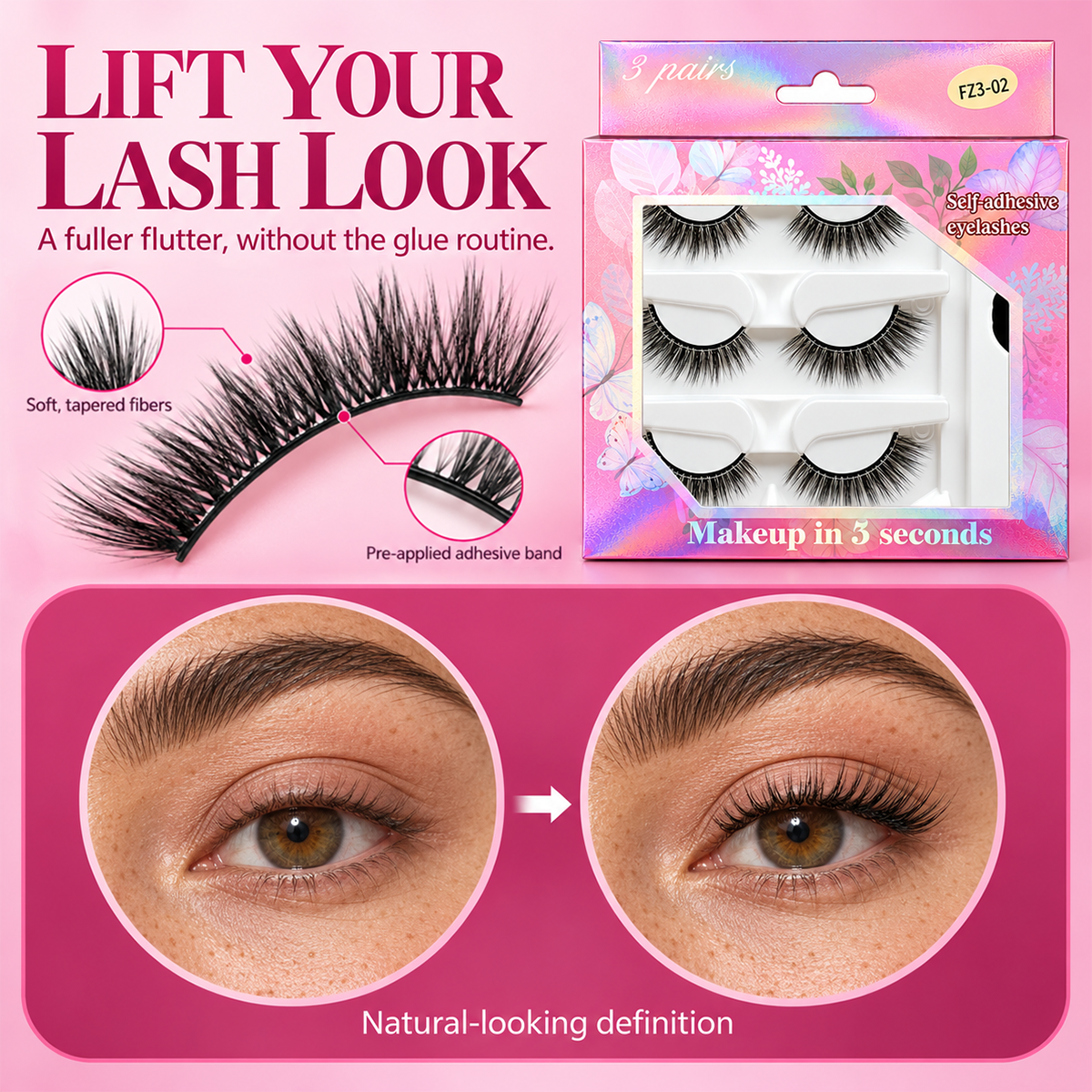 🌺Glue-Free Self-Adhesive Lashes – 3-Second, Natural & Reusable